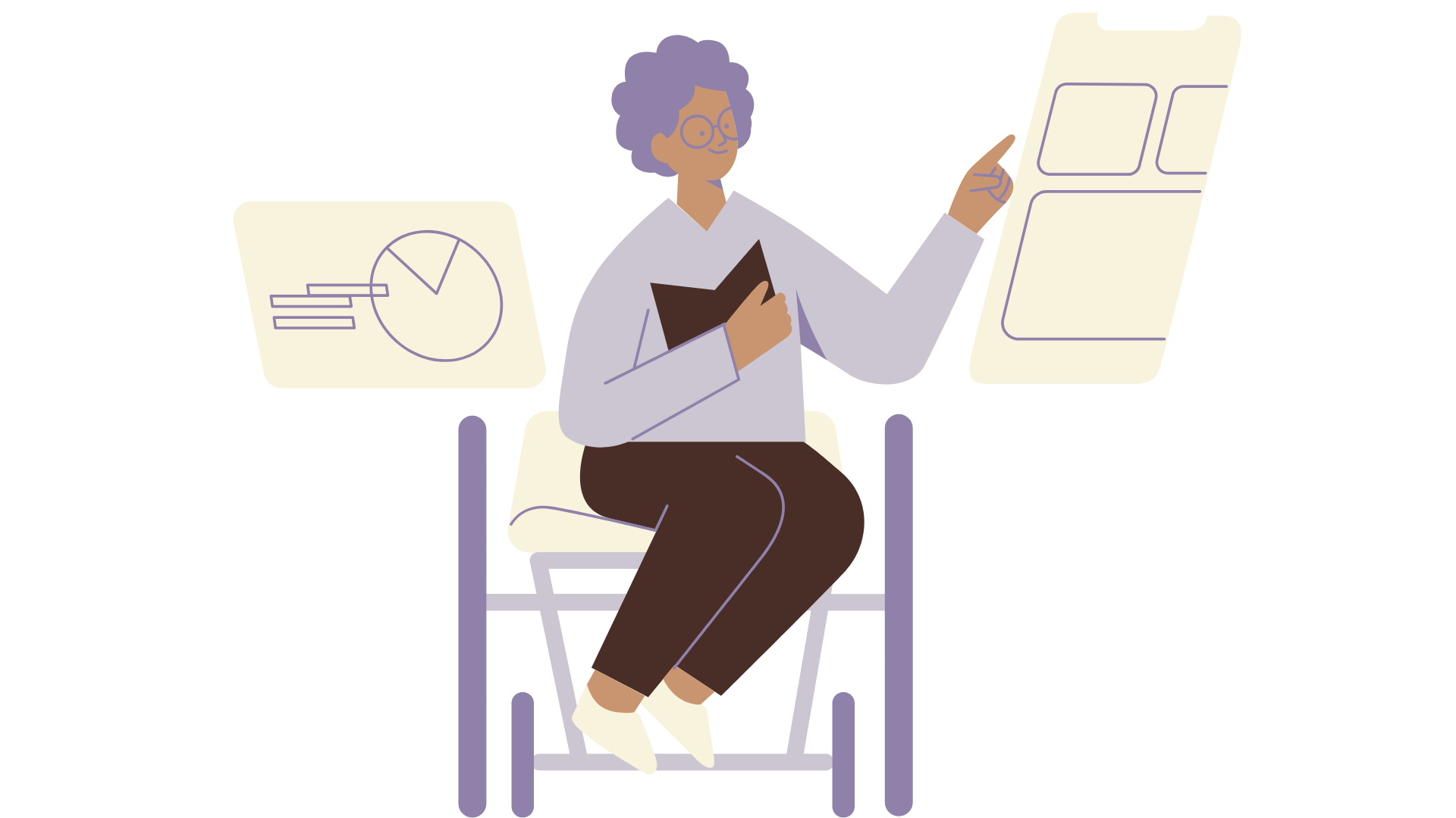 Person using a wheelchair pointing to screen