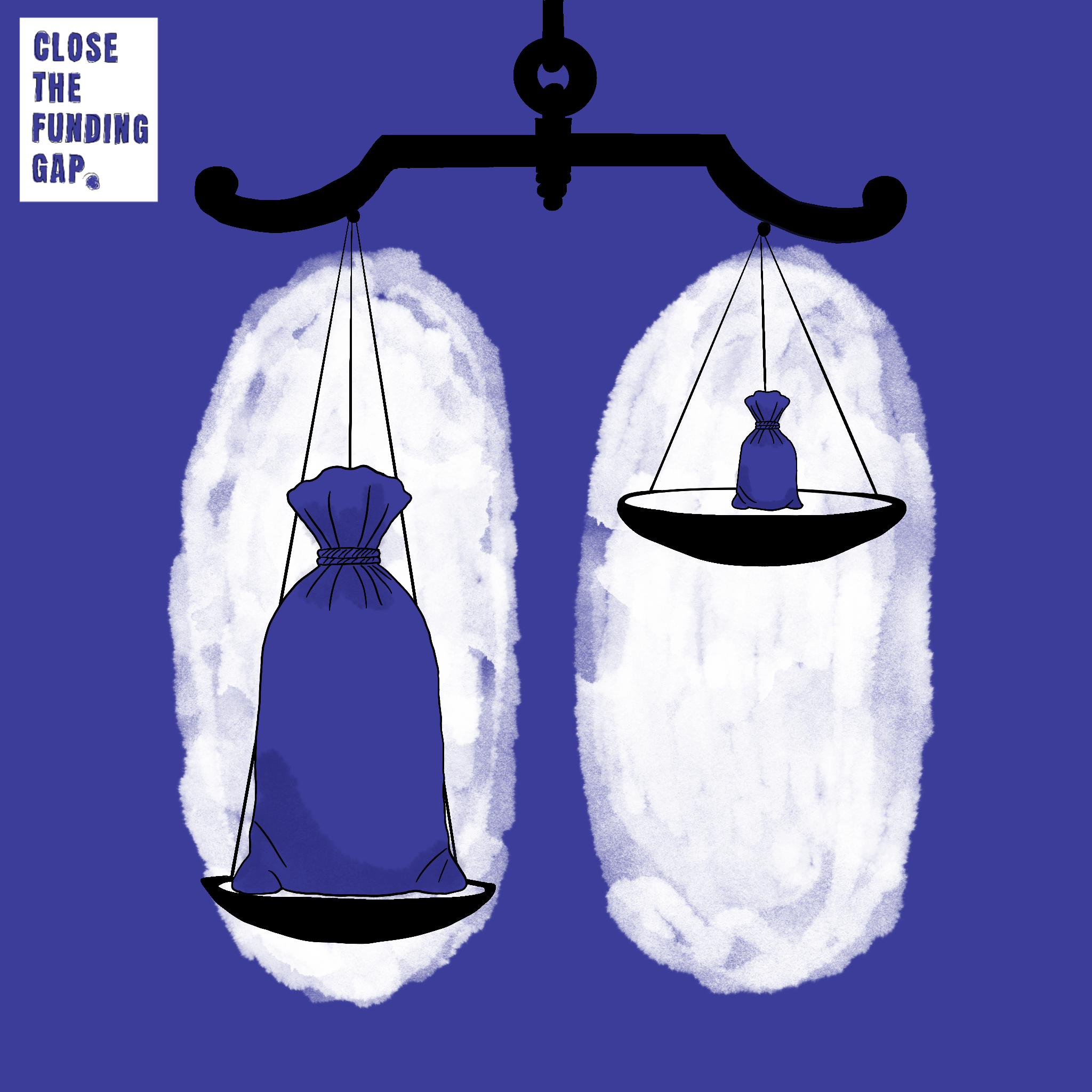 An illustration of two money bags on a weighing scale. The bag on the left is large and bulky—approximately six times the height and over thirty times the size of the smaller bag on the right. The massive size difference creates a dramatic imbalance betwe