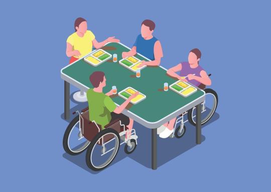 image shows an illustration of a table with individuals sat around it. Two people are in wheelchairs.