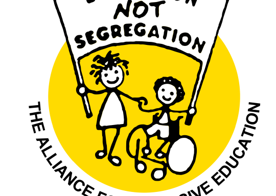 Alliance for Inclusive Education Logo - with cartoon drawing of two people holding a sign that says education not segregation