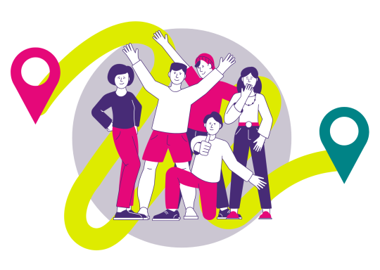 Graphic of young people smiling, with a route mapped behind them